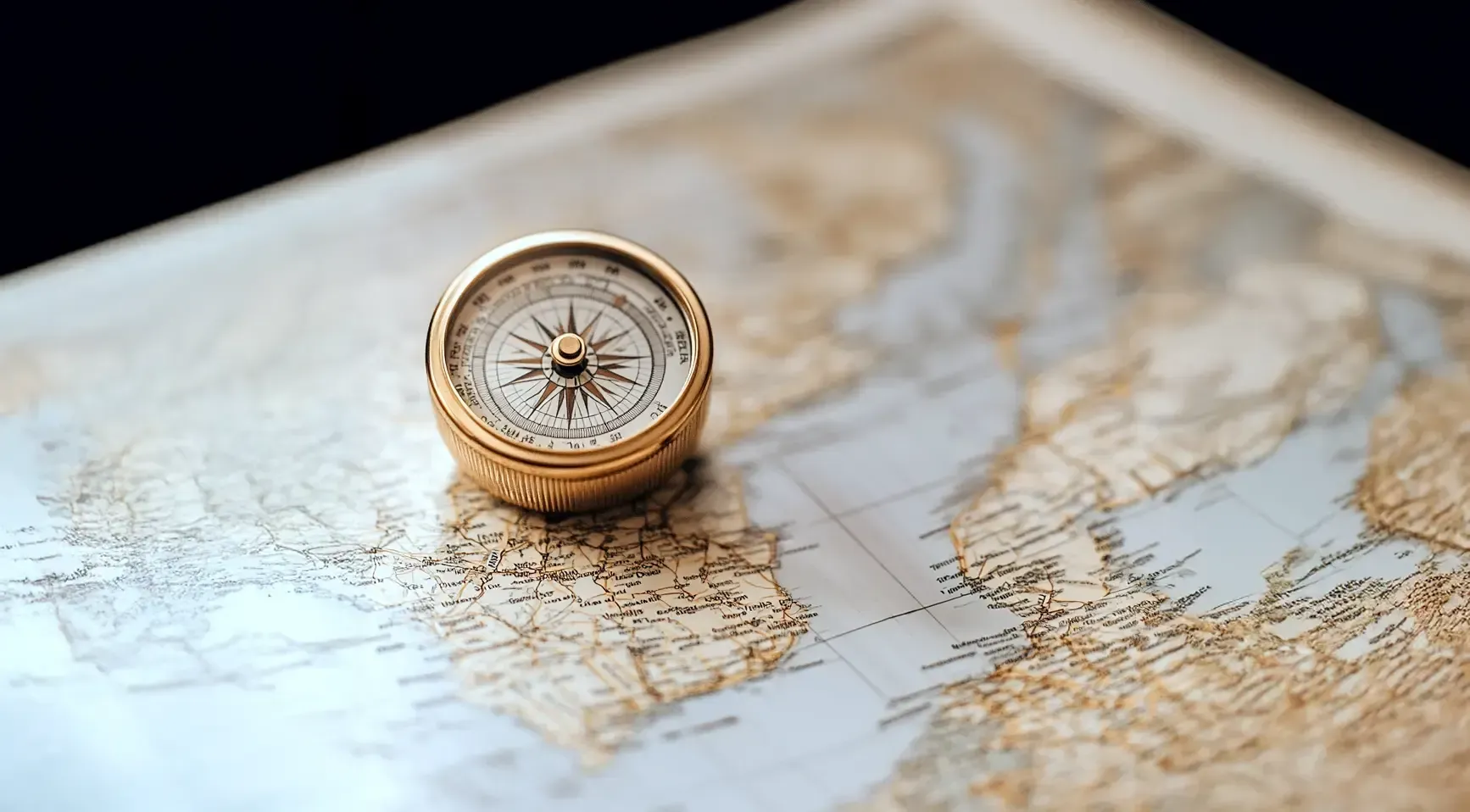 A compass is sitting on top of an old map.
