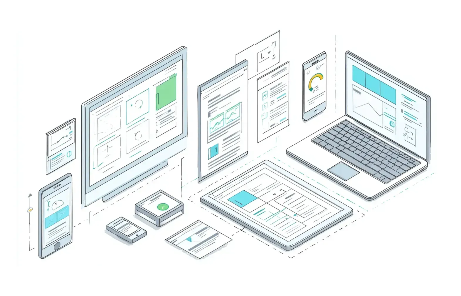 Isometric view of various digital devices displaying UI/UX interface layouts.