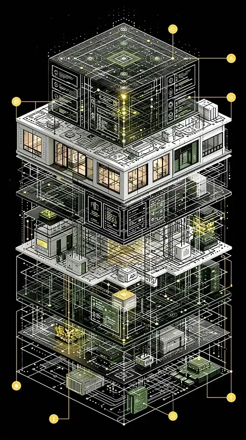 Futuristic multi-story glass-and-metal tower with glowing yellow accents and wireframe detailing