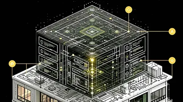 Futuristic multi-story modular building rendered in black, white, and gold wireframe with glowing accent dots