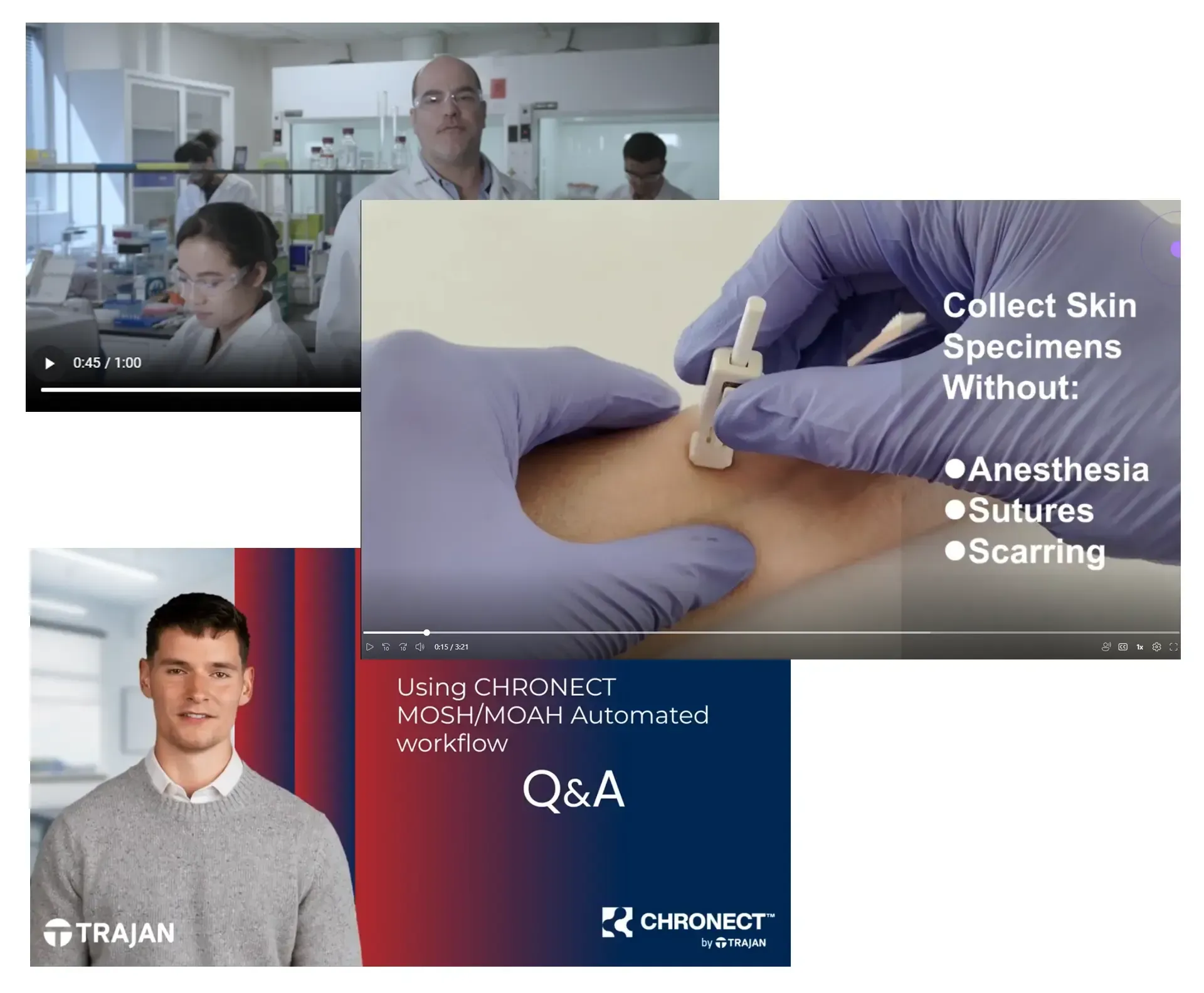 Three videos on medical procedures: lab work, skin specimen collection, and automated workflow Q&A.