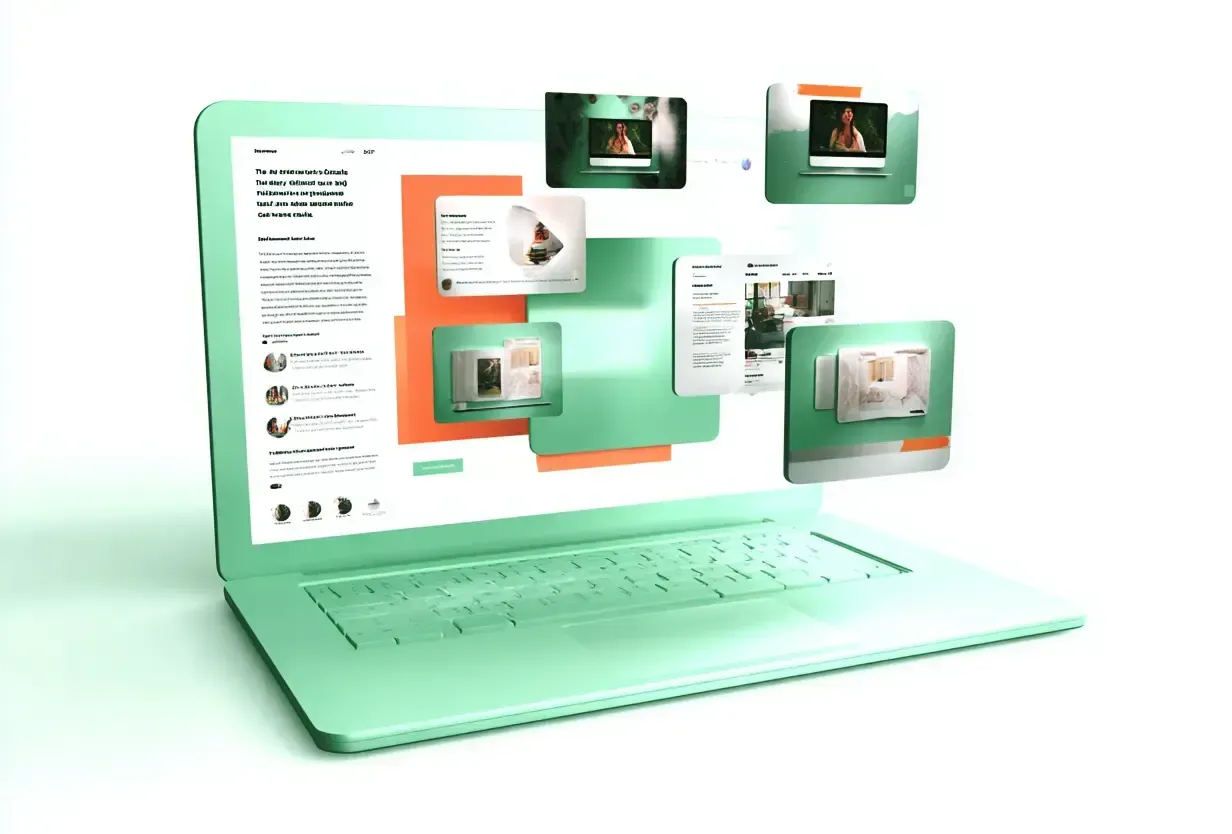 Mint green laptop with floating screen elements showcasing website content.