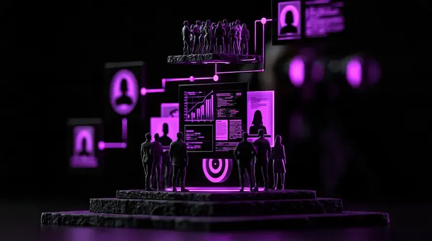 Purple digital interface with user icons and silhouettes on a futuristic platform, suggesting online networking or security
