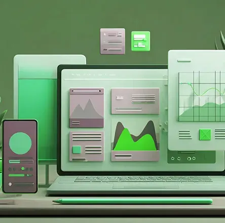 Green laptop and phone displaying dashboard charts and cards on a minimalist desk.