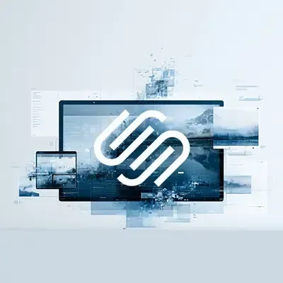 Sleek blue technology graphic with a stylized white squarespace logo centered on layered screens and abstract digital effects