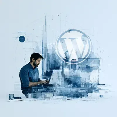 Man typing on a laptop beside a large WordPress logo in a blue digital workspace