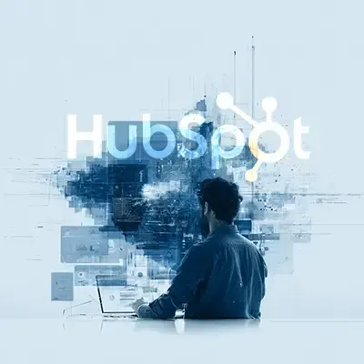 HubSpot logo above a person working at a laptop in a blue digital workspace