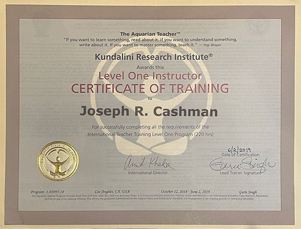 Yoga Instructor Certificate for a Year’s Training in Hatha and Kundalini Yoga, Level One Instructor: Joseph R. Cashman, showcasing expertise in holistic yoga practices and teaching methodologies.