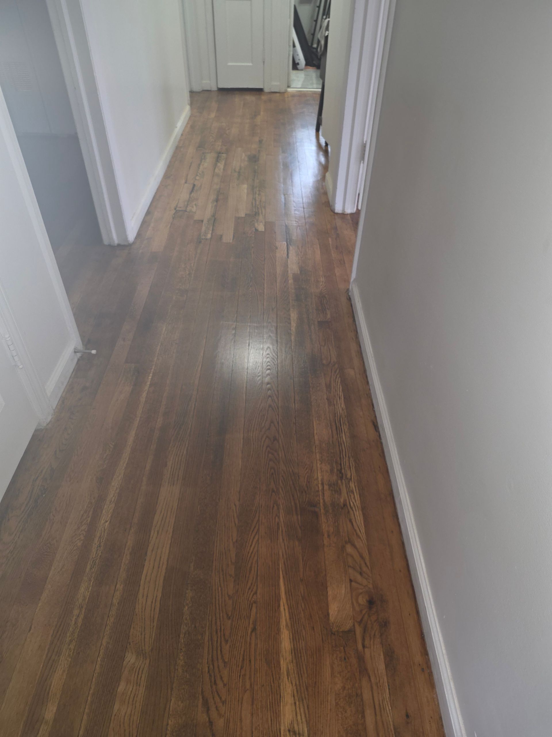An empty living room with hardwood floors and a fireplace.