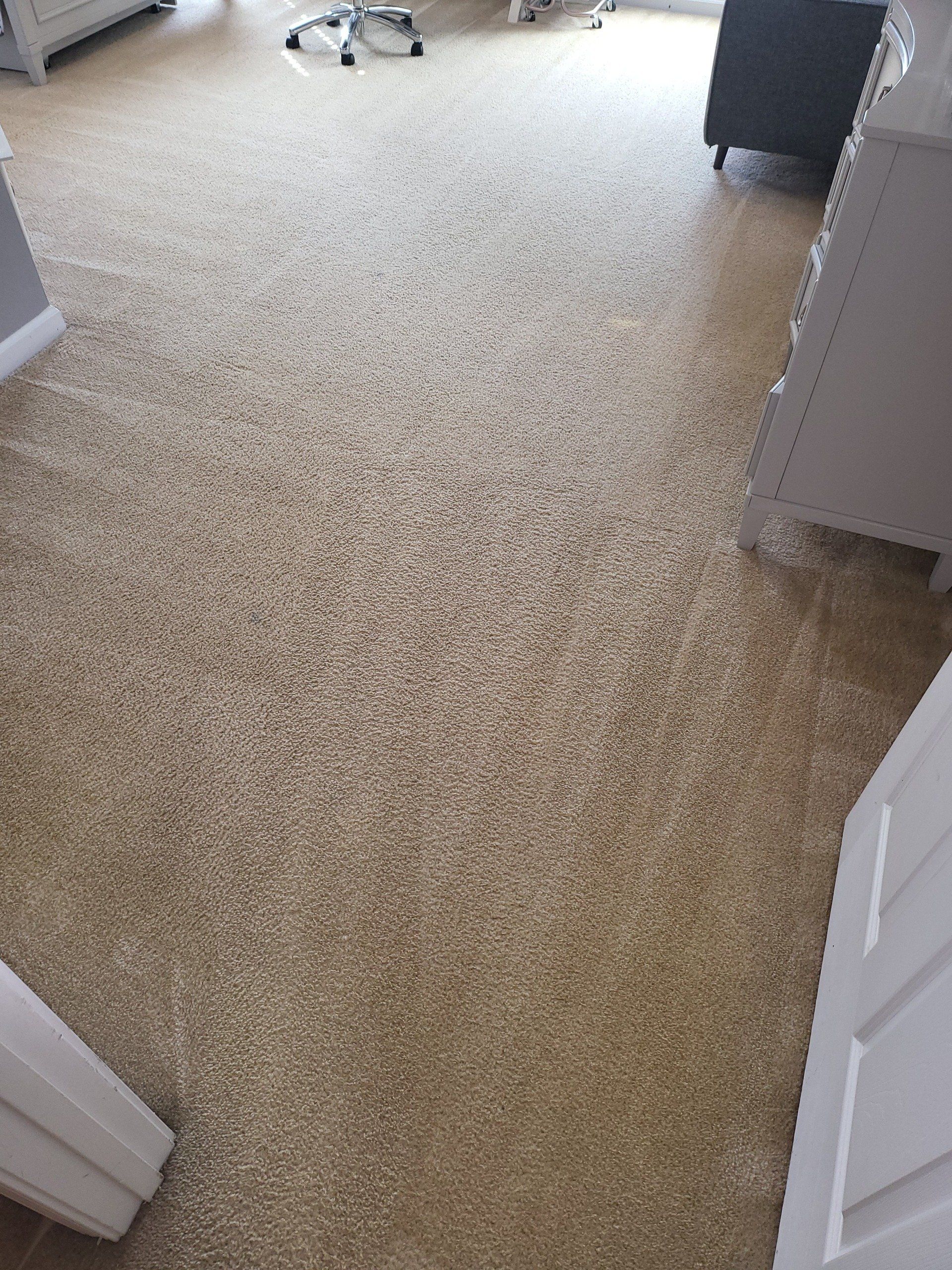 A room with a carpeted floor and a desk and chair.