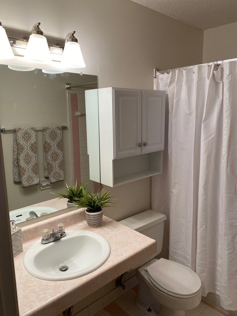 a bathroom with a sink , toilet , mirror and shower curtain .