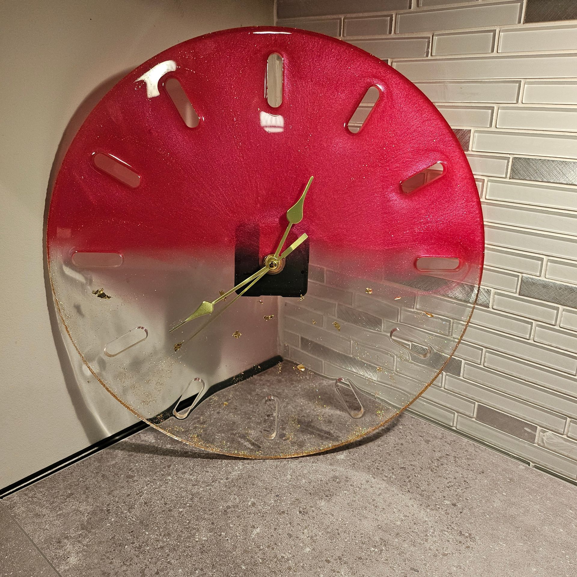Red with Gold Flakes Resin Wall Clock - 13 inches