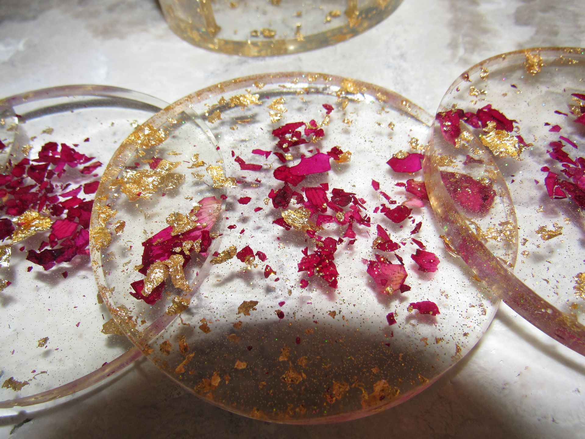 Gold Flakes with Rose Petals Coasters - 5 piece set