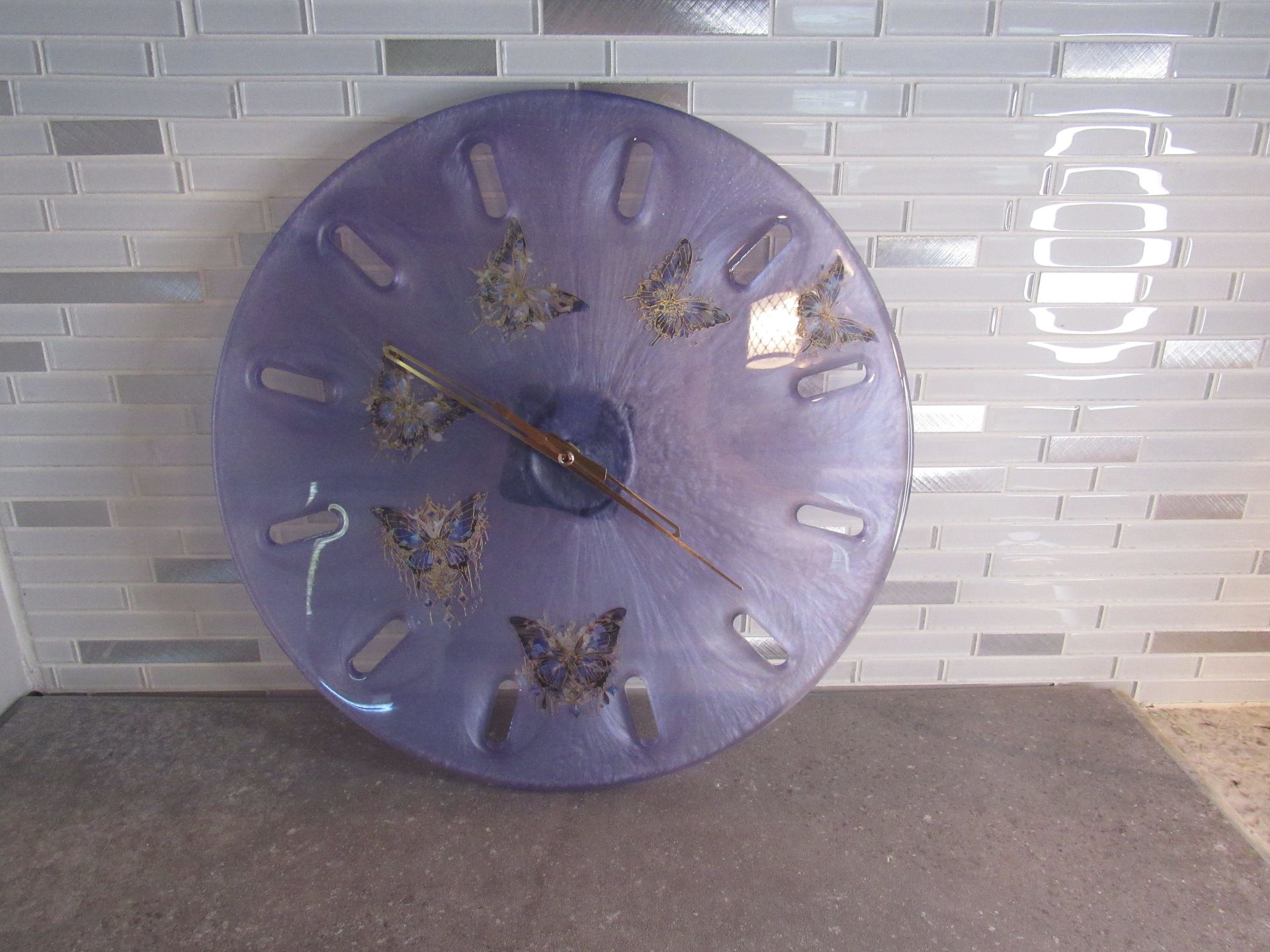 Purple Butterfly Resin Wall Clock - 13 inches