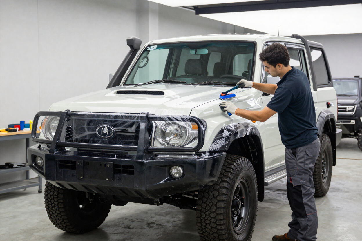 Installer applying paint protection film