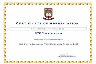 Certificate of appreciation for MTF Developments