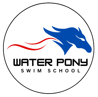 A logo for water pony swim school with a blue horse in a circle.