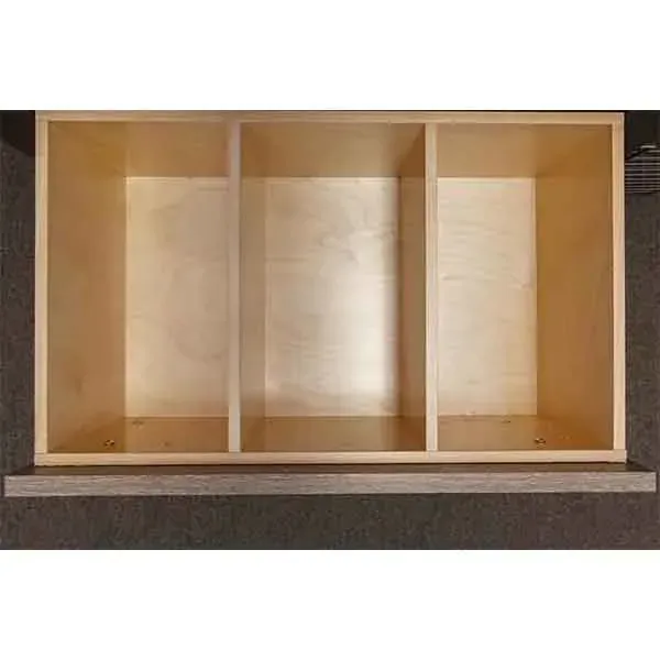 Empty wooden cabinet with three compartments and a light-colored interior