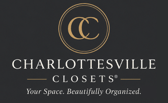 Charlottesville Closets logo with gold “CC” monogram and slogan, “Your Space. Beautifully Organized.”