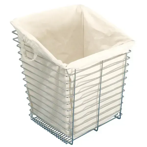 White wire basket liner with beige fabric insert for holding laundry or trash