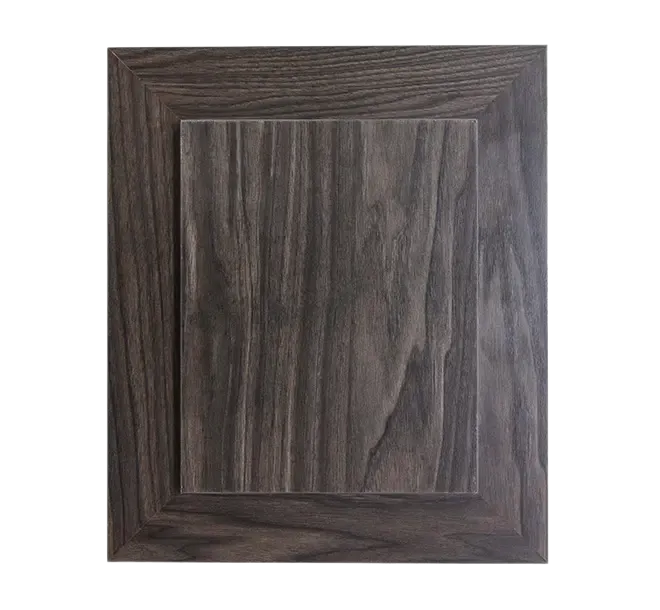 Dark wood cabinet door with a rectangular raised center panel