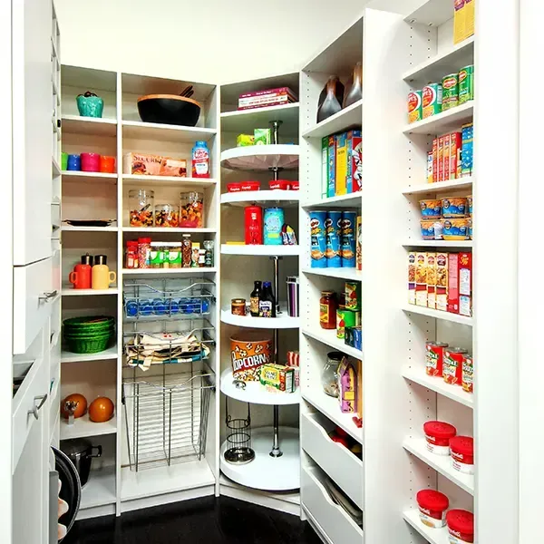 A walk-in pantry with white shelves, neatly stocked with canned goods, snacks, jars, and beverages.