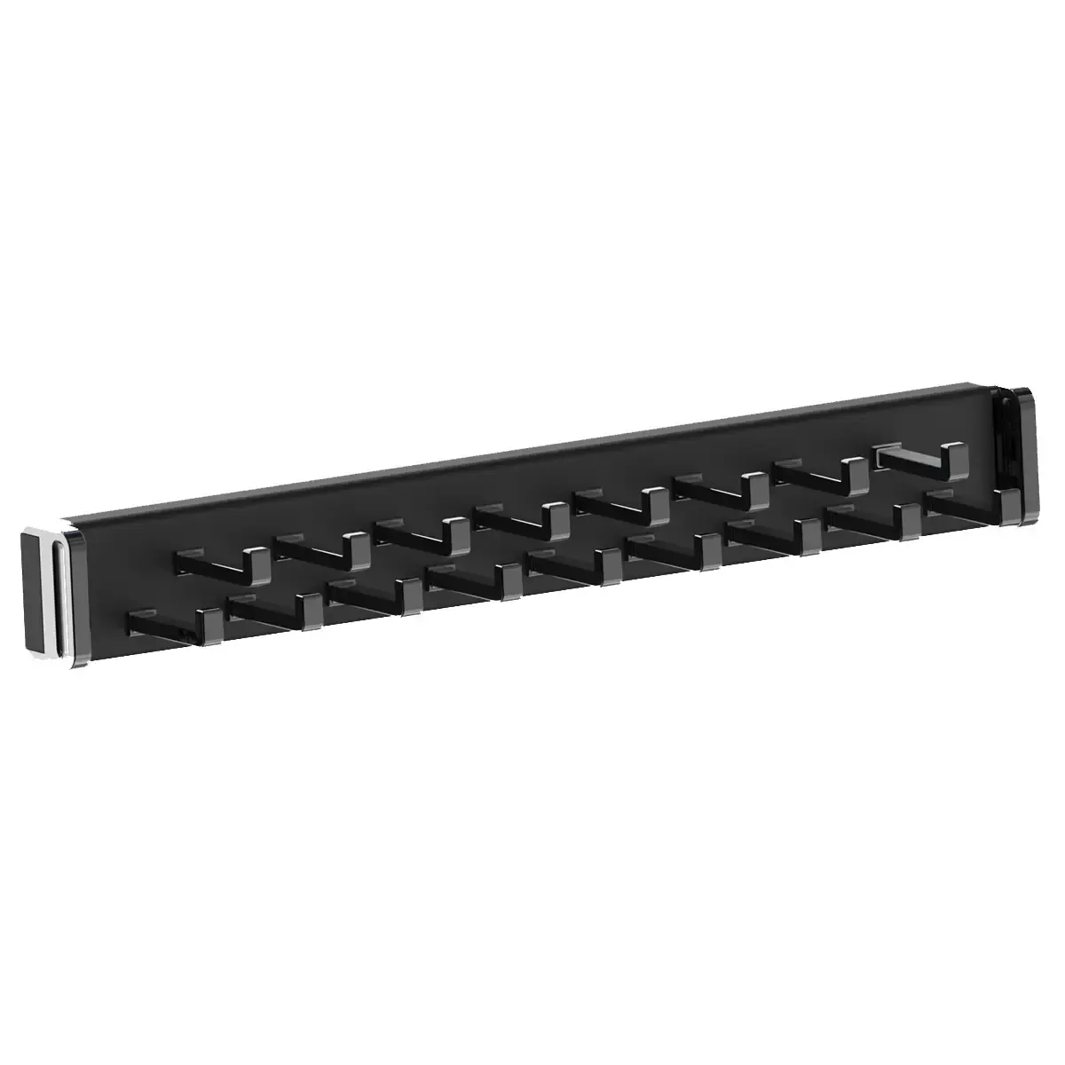 Black metal rack with multiple hooks, shown on a white background