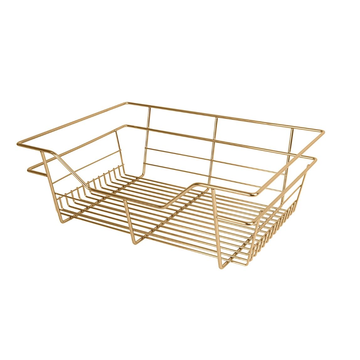 Gold wire basket organizer on a white background