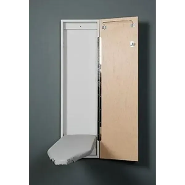 Wall-mounted cabinet with open wooden door and a gray bag or fabric spilling out onto the floor
