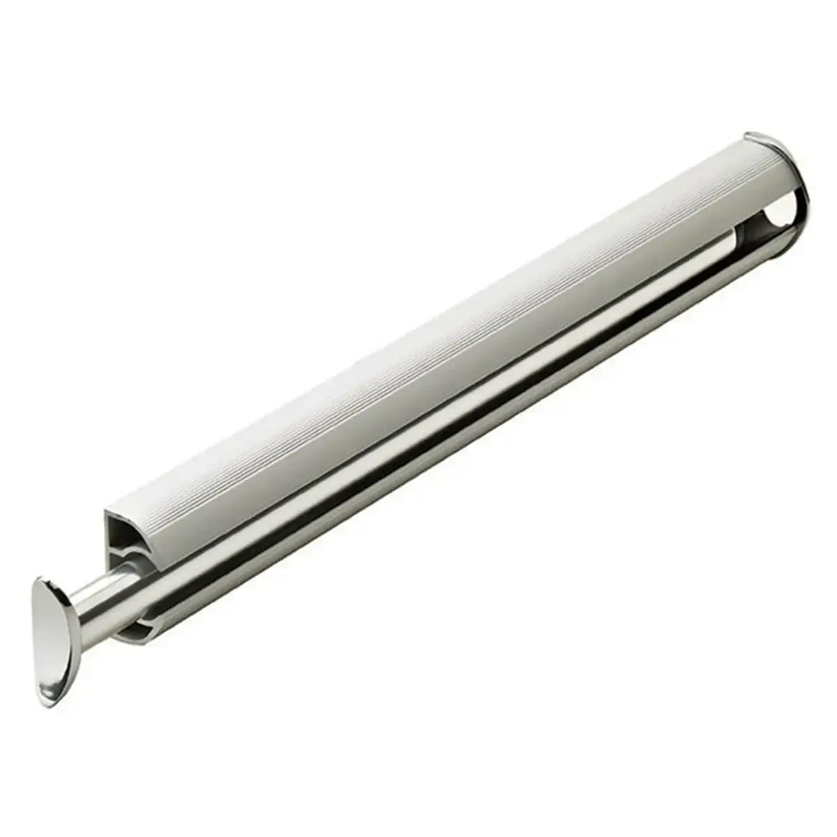 Stainless steel wall-mounted paper towel dispenser on a white background