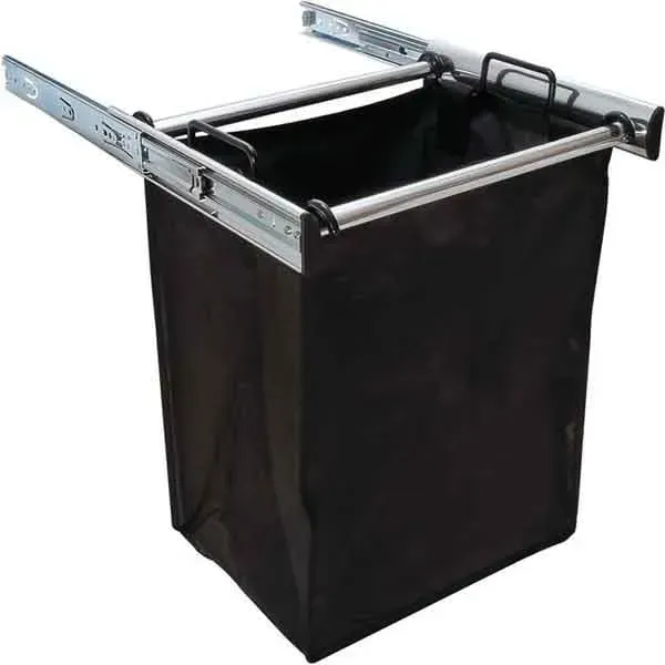Black pull-out trash bin with metal sliding rails and a rectangular frame
