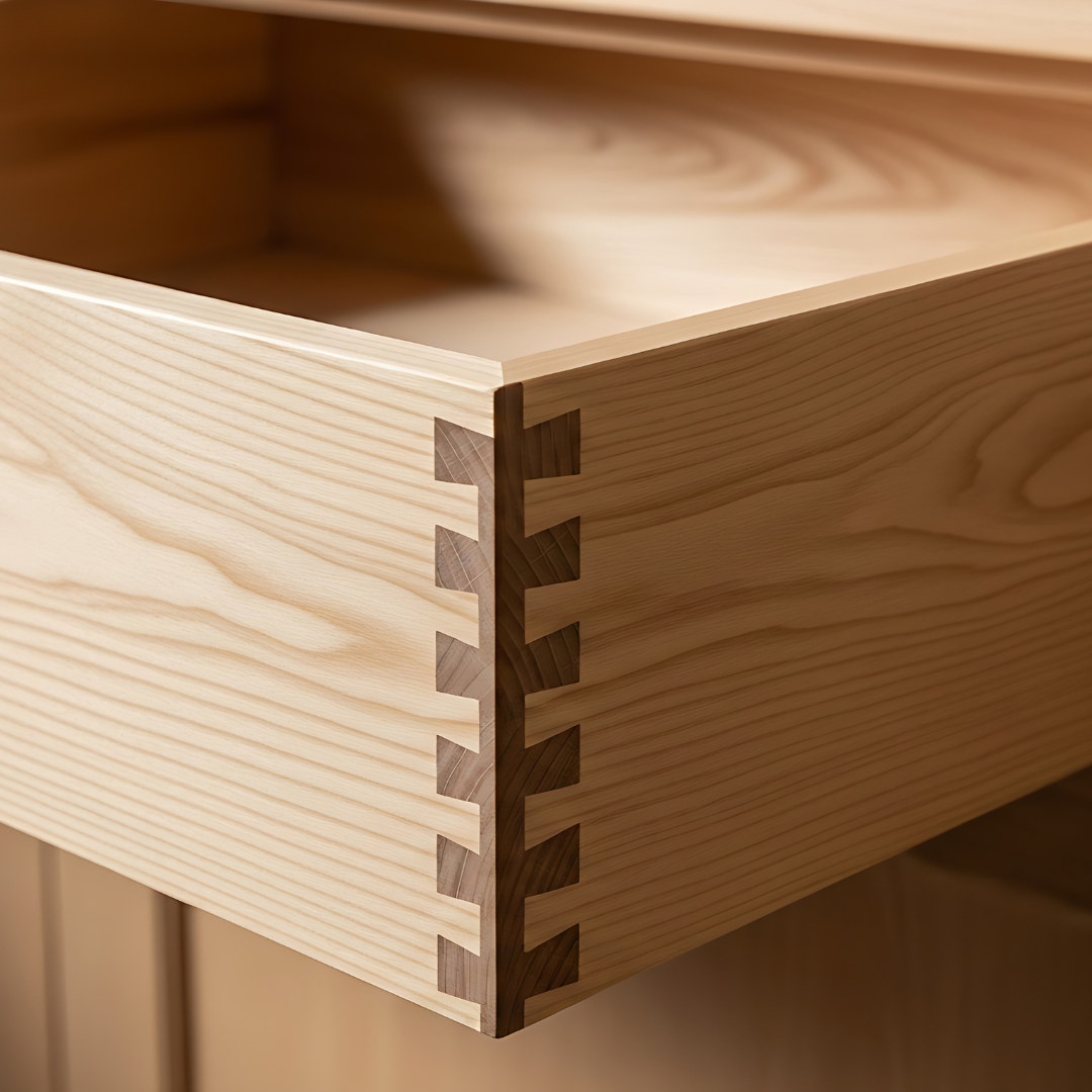 Close-up of a wooden dovetail joint on a light pine box corner