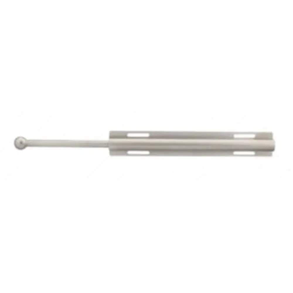 Gray metal curtain rod with a round finial on a white background