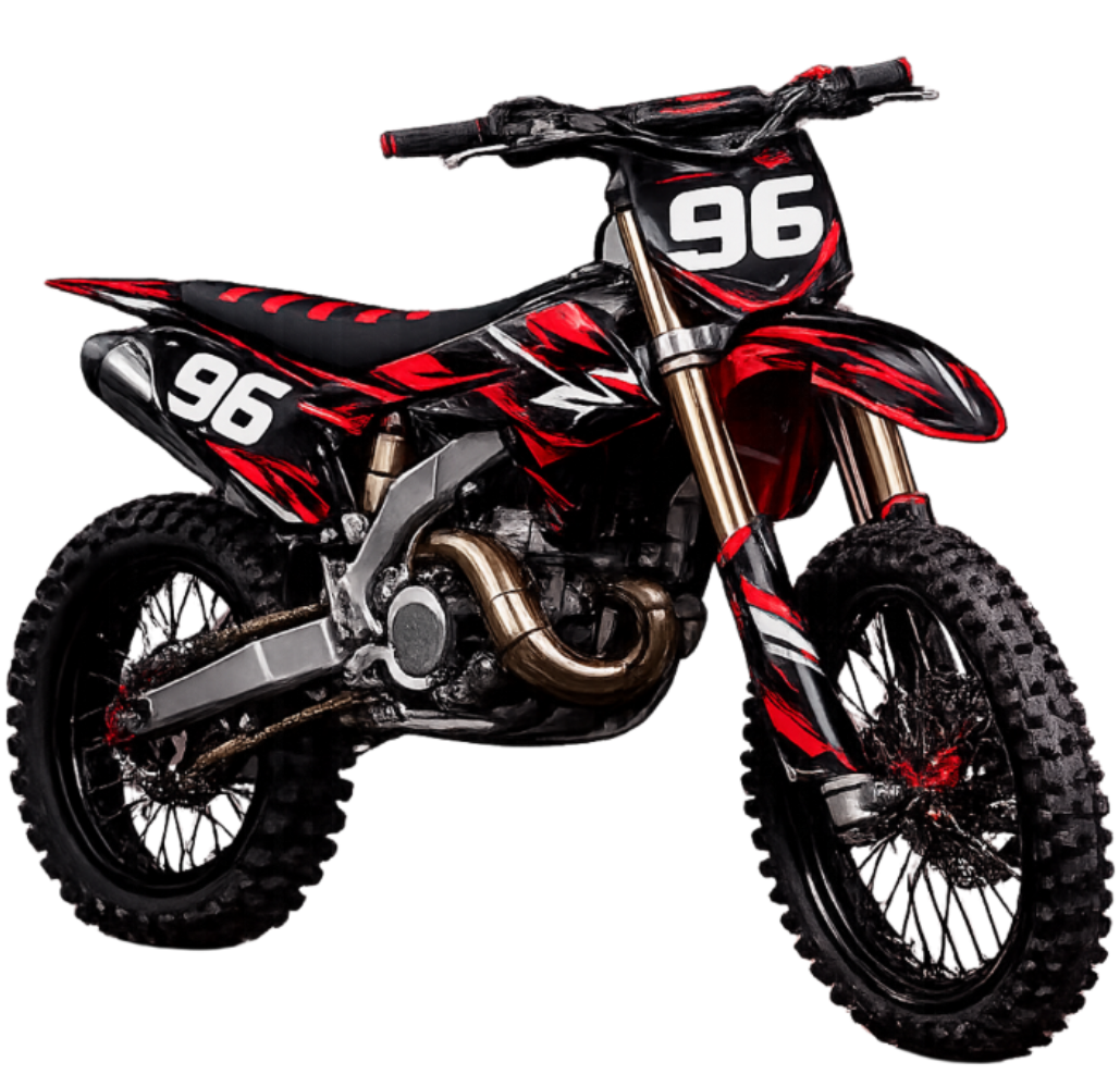 Red and black dirt bike with number 96 on a white background