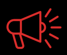 Red megaphone icon with sound lines on a black background