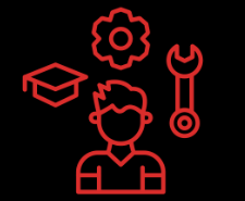 Red outline icon of a person with gear, wrench, and graduation cap symbols above them.