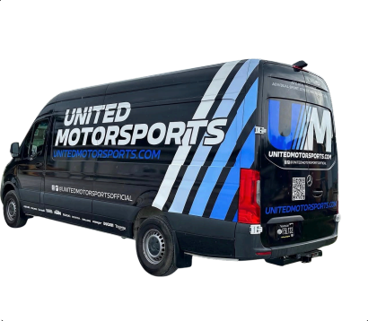 Black United Motorsports van with blue stripes and large white logo on a white background
