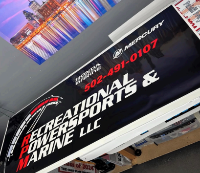 Black banner for Recreation Powersports & Marine LLC with logo and phone number 502-491-0101