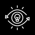 White lightbulb inside an eye with arrows and rays on a black background, suggesting vision or insight