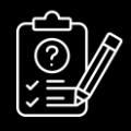 Clipboard checklist with question mark and pencil, white outline icon on black background