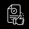 White icon of a document with a checkmark and thumbs-up approval symbol