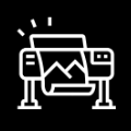 White line-art printer icon printing a photo on a black background