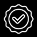 White checkmark inside a scalloped badge icon on a black background.