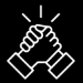 White line icon of two hands clasped in a partnership or agreement symbol on black background
