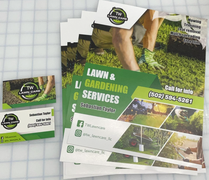 Lawn and gardening service flyers on a grid background, green and white design with mowing photo and contact info