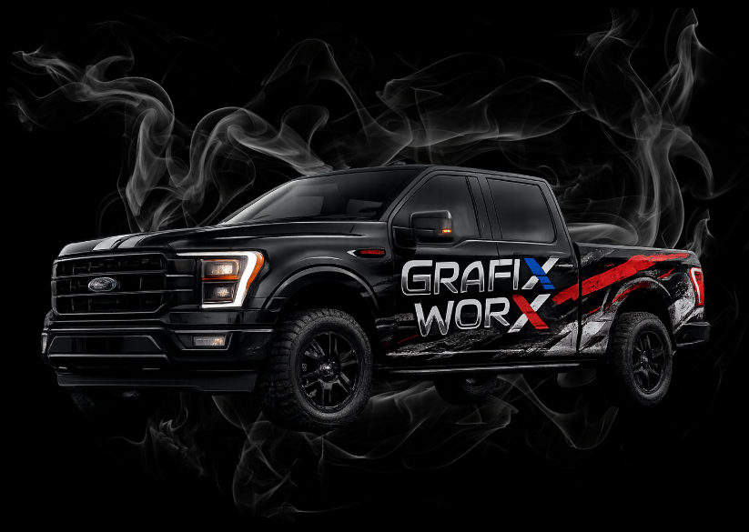 Black Ford pickup truck with Graffi Worx branding and red accents on a dark smoky background