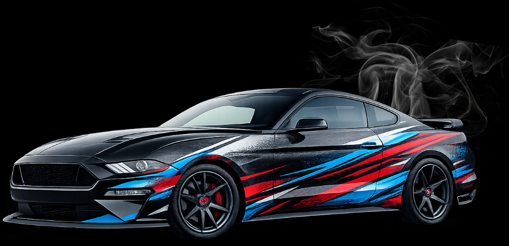 Black sports car with red and blue racing stripes and smoke against a dark background