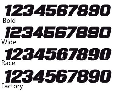 Sample “1234567890” in four bold italic type styles labeled Bold, Wide, Race, and Factory.
