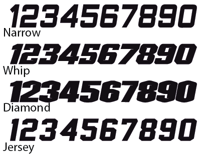 Four bold black “1234567890” font samples labeled Narrow, Whip, Diamond, and Jersey on white background