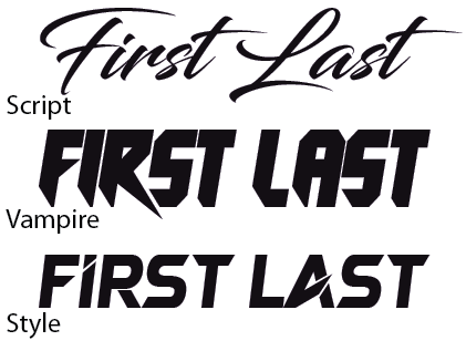 Typography sample showing “First Last” in script, bold block, and vampire-style fonts.